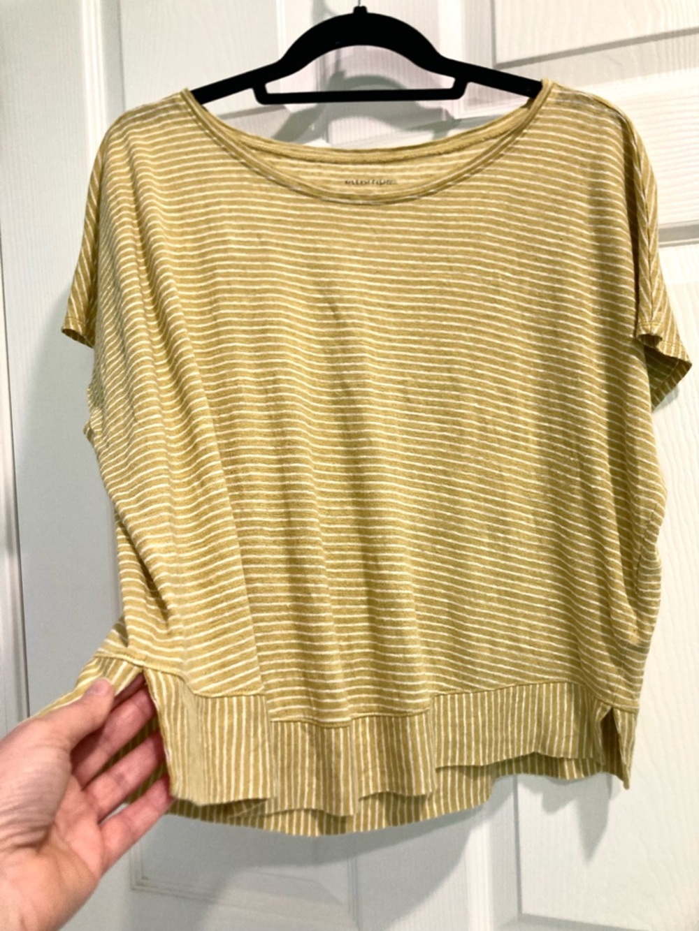 Eileen Fisher Striped Organic Linen Mustard Yellow+White Knit Top Small